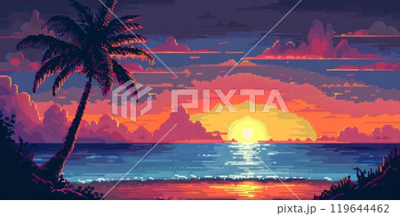 Pixel Art Sunset Over Tropical Beach. Colorful Pixel Art Palm Tree at Dusk 119644462