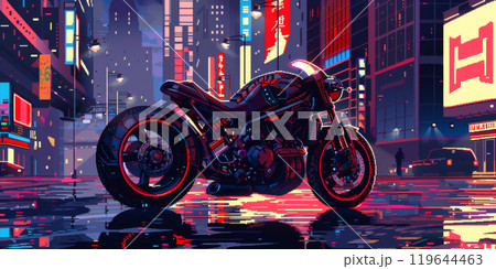 Futuristic Motorcycle in Neon City Night. Cyberpunk Motorbike on Urban Street 119644463