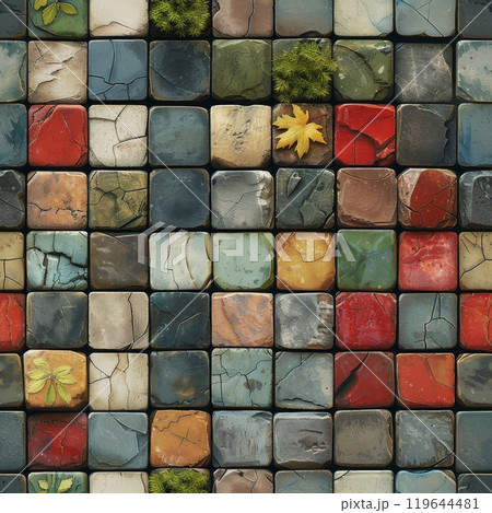 Geometric Natural Stone Mosaic Texture with Colorful Square Tiles 119644481