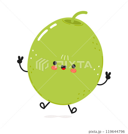 Green olive jumping character. Vector hand drawn cartoon kawaii character illustration icon. Isolated on white background. Green olive character concept 119644796