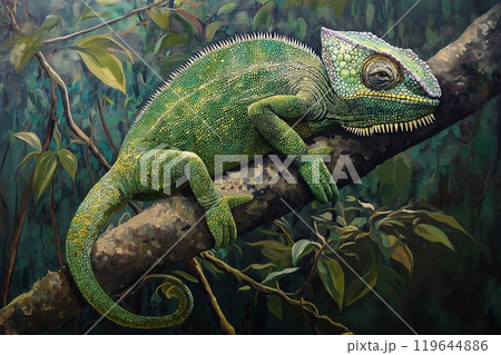 Green chameleon in rainforest 119644886