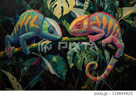 Two colorful chameleon in rainforest Two colorful chameleon in rainforest 119644925