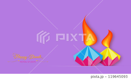 Happy Diwali Festival of Lights India Celebration template. Graphic banner design of Indian Diya Oil Lamps design. Paper cut style vector festive isolated on light purple background with copy space 119645093