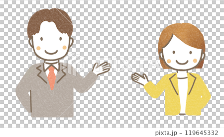 Man and woman in suits giving a tour (upper body) Man and woman in suits giving a tour (upper body) 119645332