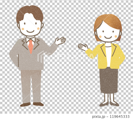 Man and woman in suits giving a tour (full body) Man and woman in suits giving a tour (full body) 119645333