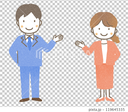 Man and woman in suits giving a tour (full body) 119645335