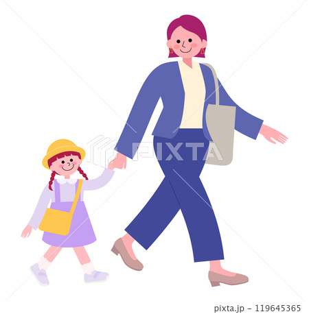 パンツスーツを着てパンプスを履いた母親と幼稚園生の娘が一緒に歩く全身のイラスト 119645365