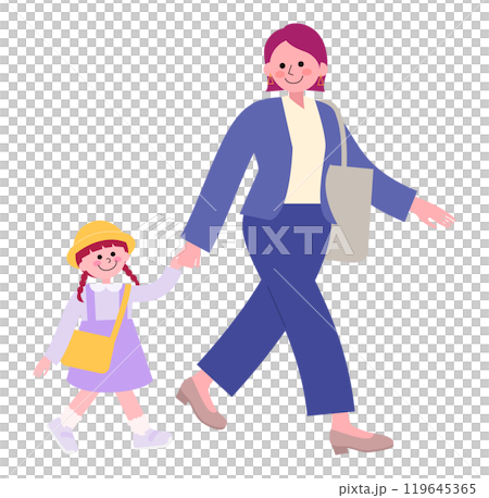 A full-body illustration of a mother wearing a pantsuit and pumps and her kindergarten-aged daughter walking together 119645365