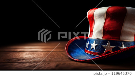 Close-up of the Uncle Sam Hat on a Wooden Table with Copy Space - Generative Ai 119645370
