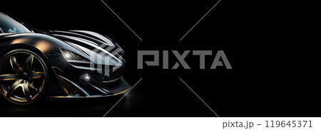 Closeup and Side View of a Black Luxury Sport Car on Black Background - Generative Ai 119645371