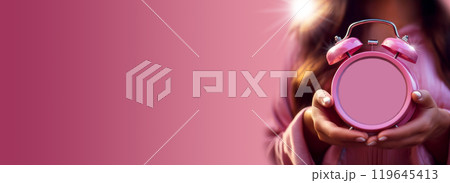 Close-up of the Hands of Woman Holding an Empty Alarm Clock with Copy Space - Generative Ai 119645413