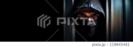 Close-up of a Mysterious Hooded Man with Black Mask Peeking Through Window - Generative Ai 119645481