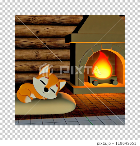 Dog sleeping peacefully in front of the fireplace Cartoon illustration Generative AI 119645653