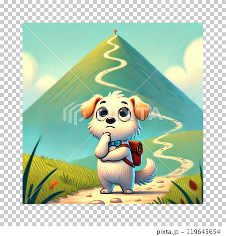Cartoon: A dog lost on a mountain climbing route - Generative AI Cartoon: A dog lost on a mountain climbing route - Generative AI 119645654