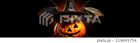Cute Black Bat with Yellow Eyes and Witch Hat Above a Scary Halloween Pumpkin - Generative Ai Cute Black Bat with Yellow Eyes and Witch Hat Above a Scary Halloween Pumpkin - Generative Ai 119645754