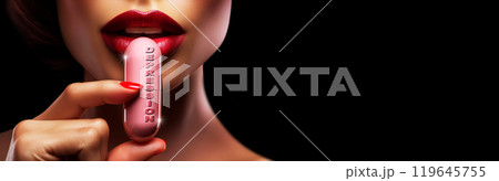 Extreme Close-up of a Woman Taking an Antidepressant Pill to Cure Depression - Generative Ai Extreme Close-up of a Woman Taking an Antidepressant Pill to Cure Depression - Generative Ai 119645755