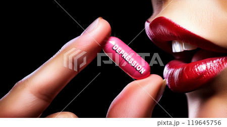 Extreme Close-up of a Woman Taking an Antidepressant Pill to Cure Depression - Generative Ai Extreme Close-up of a Woman Taking an Antidepressant Pill to Cure Depression - Generative Ai 119645756