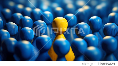 Closeup of One Single Yellow Human Shape Among a Large Group of Blue Ones - Generative Ai Closeup of One Single Yellow Human Shape Among a Large Group of Blue Ones - Generative Ai 119645824