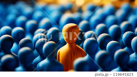 Closeup of One Single Yellow Human Shape Among a Large Group of Blue Ones - Generative Ai Closeup of One Single Yellow Human Shape Among a Large Group of Blue Ones - Generative Ai 119645825