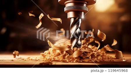 Extreme Closeup of Drilling Wood in Workshop with Electric Drill - Generative Ai Extreme Closeup of Drilling Wood in Workshop with Electric Drill - Generative Ai 119645968