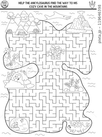 Dinosaur black and white maze for kids. Coloring page with ancient world landscape. Prehistoric line printable activity. Dino land geometric labyrinth game, puzzle. Help ankylosaur find way to cave 119646398