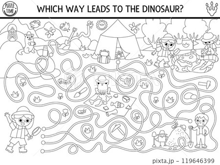 Dinosaur black and white maze. Coloring page with cute paleontologists. Prehistoric line printable activity with kids on a dig. Dino land labyrinth game with archaeologists, fossils, camp 119646399