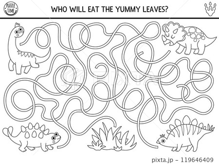 Dinosaur black and white maze for kids. Prehistoric line printable activity with brachiosaur, triceratops, stegosaurus. Dino land labyrinth game, puzzle, coloring page. Who will eat yummy leaves Dinosaur black and white maze for kids. Prehistoric line printable activity with brachiosaur, triceratops, stegosaurus. Dino land labyrinth game, puzzle, coloring page. Who will eat yummy leaves 119646409