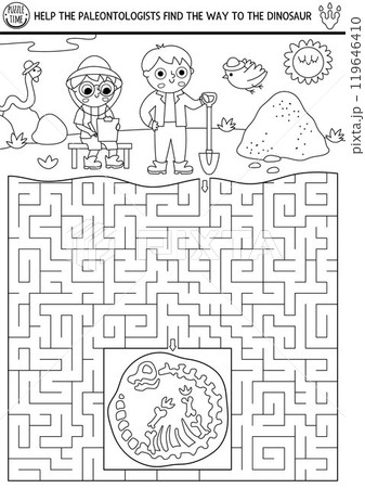 Dinosaur black and white maze with cute paleontologists. Prehistoric line printable activity with kids on a dig. Dino land geometric labyrinth game or coloring page with archaeologists, fossils, Dinosaur black and white maze with cute paleontologists. Prehistoric line printable activity with kids on a dig. Dino land geometric labyrinth game or coloring page with archaeologists, fossils, 119646410
