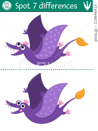 Find differences game for children. Dinosaur educational activity with pterosaur. Puzzle for kids with little ancient animal. Printable worksheet, page for attention skills with pterodactyl Find differences game for children. Dinosaur educational activity with pterosaur. Puzzle for kids with little ancient animal. Printable worksheet, page for attention skills with pterodactyl 119646413