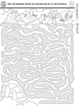 Dinosaur black and white maze for kids with ancient world landscape. Prehistoric line printable activity. Dino land labyrinth game, puzzle, coloring page. Help pterosaur escape erupting volcano 119646418