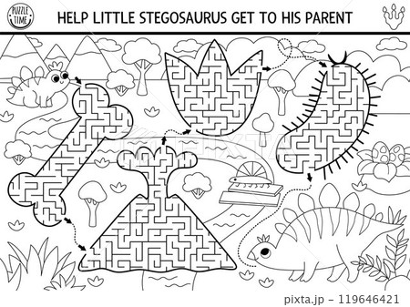 Dinosaur black and white maze for kids with geometrical bone, footprint, volcano. Prehistoric line printable activity. Dino land labyrinth game, coloring page. Puzzle with little stegosaur Dinosaur black and white maze for kids with geometrical bone, footprint, volcano. Prehistoric line printable activity. Dino land labyrinth game, coloring page. Puzzle with little stegosaur 119646421