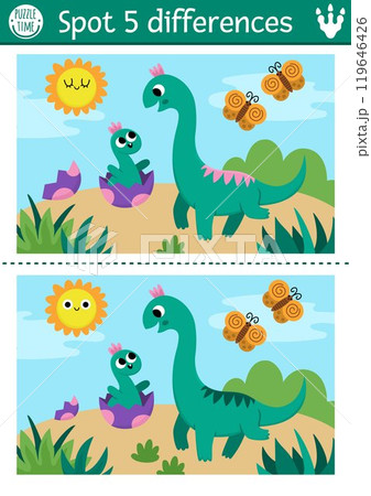 Find differences game for children. Dinosaur educational activity with brachiosaurus, his hatching baby and prehistoric landscape. Puzzle for kids with animal. Printable worksheet, page 119646426