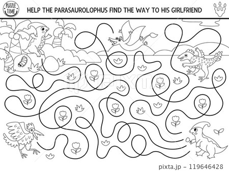 Dinosaur black and white maze for kids with ancient world landscape. Prehistoric line printable activity. Dino land labyrinth game, puzzle, coloring page. Help parasaurolophus get to his girlfriend 119646428