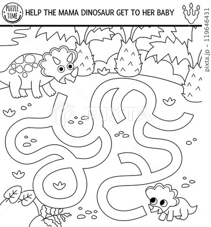 Black and white dinosaur maze for kids with ancient world landscape. Square prehistoric line printable activity. Dino land labyrinth game, puzzle, coloring page. Help triceratops get to his baby Black and white dinosaur maze for kids with ancient world landscape. Square prehistoric line printable activity. Dino land labyrinth game, puzzle, coloring page. Help triceratops get to his baby 119646431