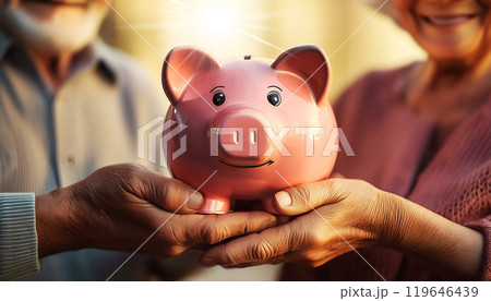 Wrinkled Hands of an Elderly Couple Holding a Smiling Pink Piggy Bank - Generative Ai 119646439