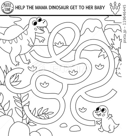 Black and white dinosaur maze for kids with ancient world landscape. Square prehistoric line printable activity. Dino land labyrinth game, puzzle, coloring page. Help T-rex get to his baby 119646445
