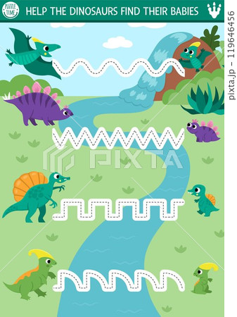 Vector dinosaur handwriting practice worksheet. Prehistoric printable drawing activity for preschool children with ancient animals and their babies. Tracing game for writing skills Vector dinosaur handwriting practice worksheet. Prehistoric printable drawing activity for preschool children with ancient animals and their babies. Tracing game for writing skills 119646456