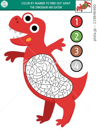 Vector dinosaur color by number activity with T-rex and food in his stomach. Prehistoric black and white counting or coloring game. Simple coloring page for kids with tyrannosaur and what he has 119646460