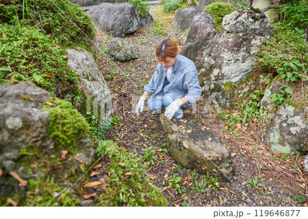 庭の手入れをする女性 日本庭園 田舎 空き家 草抜き 庭の手入れをする女性 日本庭園 田舎 空き家 草抜き 119646877