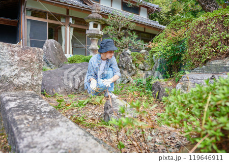 庭の手入れをする女性 日本庭園 田舎 空き家 草抜き 庭の手入れをする女性 日本庭園 田舎 空き家 草抜き 119646911