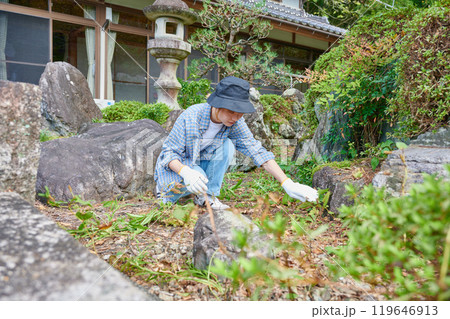 庭の手入れをする女性　日本庭園　田舎　空き家　草抜き 119646913
