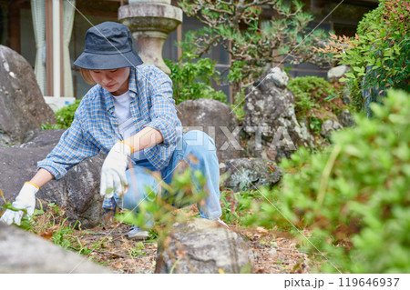 庭の手入れをする女性 日本庭園 田舎 空き家 草抜き 庭の手入れをする女性 日本庭園 田舎 空き家 草抜き 119646937