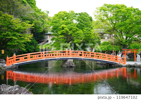 富士山本宮浅間大社の湧玉池にかかる橋 119647102