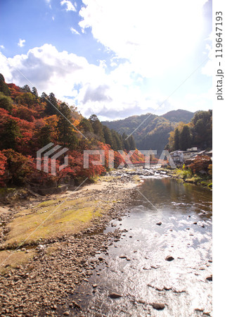 香嵐渓の紅葉と川と待月橋 119647193