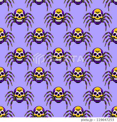 Seamless pattern with fun skull with spider legs のイラスト素材 [119647253
