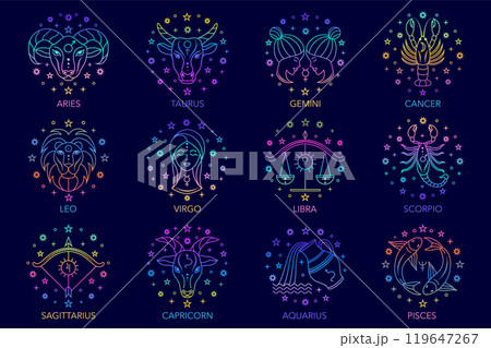 Collection of zodiac signs created in linear style. 119647267