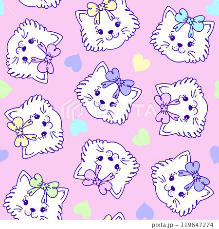 Seamless pattern features cute, hand drawn white cat faces with colorful bows  119647274