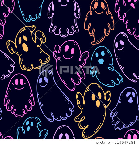 Seamless pattern with cute colorful ghosts  119647281