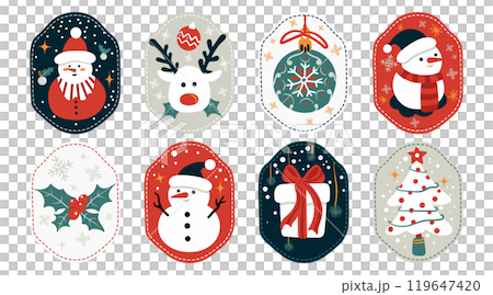 Set of isolated Christmas and New Year label in cute doodle style on transparent background. Volume 1 : Vivid red, green and black tone colors. 119647420