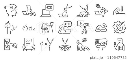 Burn out icon set. It included contexts such as stress, fatigue, exhaustion, mental health, wellness, work-life balance, and more. Editable Vector Stroke. 119647783